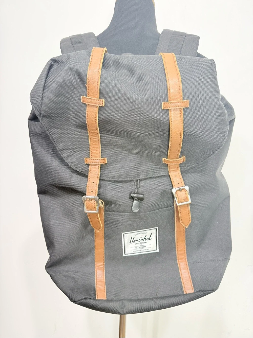 Hershel Retreat Backpack in Black Brown Saddle Canvas with Interior Red Stripe